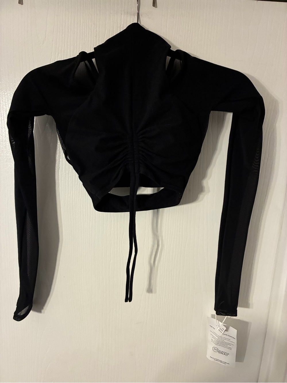 Zym Cropped Halter With V closure Black Ruched Long-Sleeve Mesh Crop Top - Women